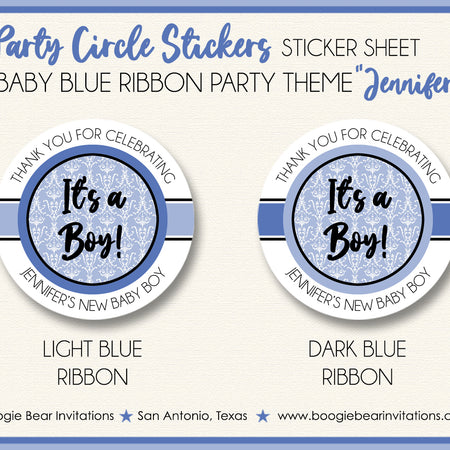 Blue Ribbon Party Circle Stickers Baby Shower Boy Boogie Bear Invitations Jennifer Theme