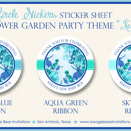 Blue Flower Garden Party Stickers Circle Baby Shower Boogie Bear Invitations Keely Theme