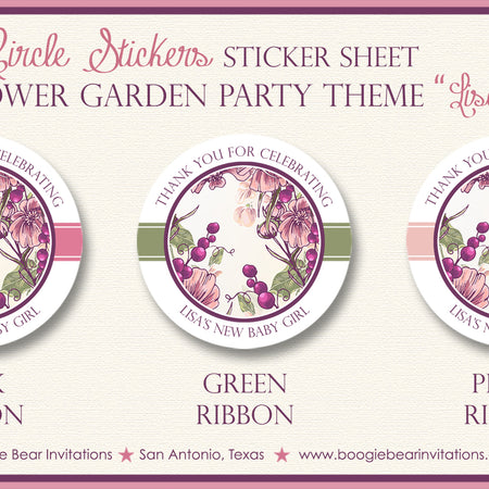 Pink Flower Garden Party Stickers Circle Baby Shower Boogie Bear Invitations Lisa Theme