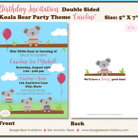 Koala Bear Birthday Party Invitation Girl Pink Boogie Bear Invitations Caroline Theme Paperless Printable Printed