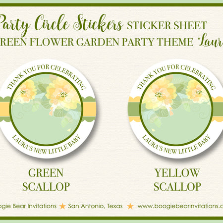 Green Flower Garden Party Stickers Circle Baby Shower Boogie Bear Invitations Laura Theme