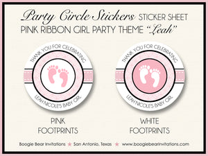 Pink Ribbon Baby Shower Party Stickers Footprints Boogie Bear Invitations Leah Theme