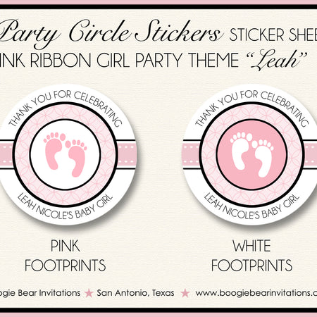 Pink Ribbon Baby Shower Party Stickers Footprints Boogie Bear Invitations Leah Theme