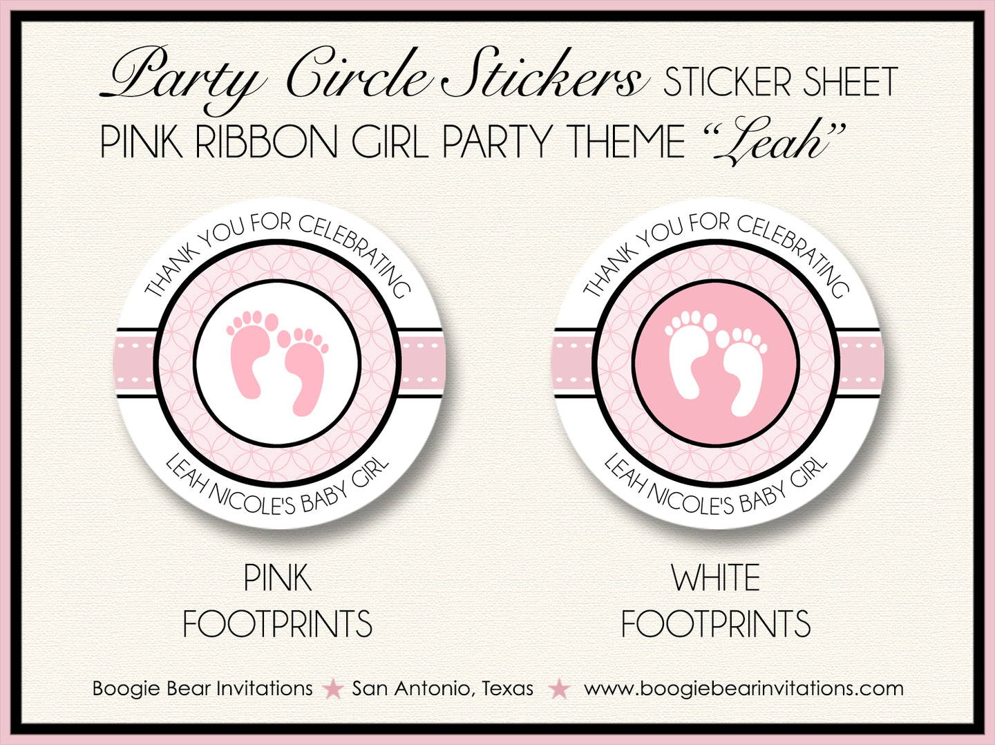 Pink Ribbon Baby Shower Party Stickers Footprints Boogie Bear Invitations Leah Theme