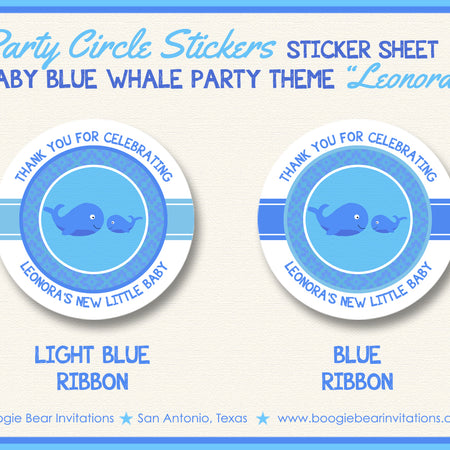 Blue Whale Baby Shower Party Stickers Circle Sheet Boogie Bear Invitations Leonora Theme