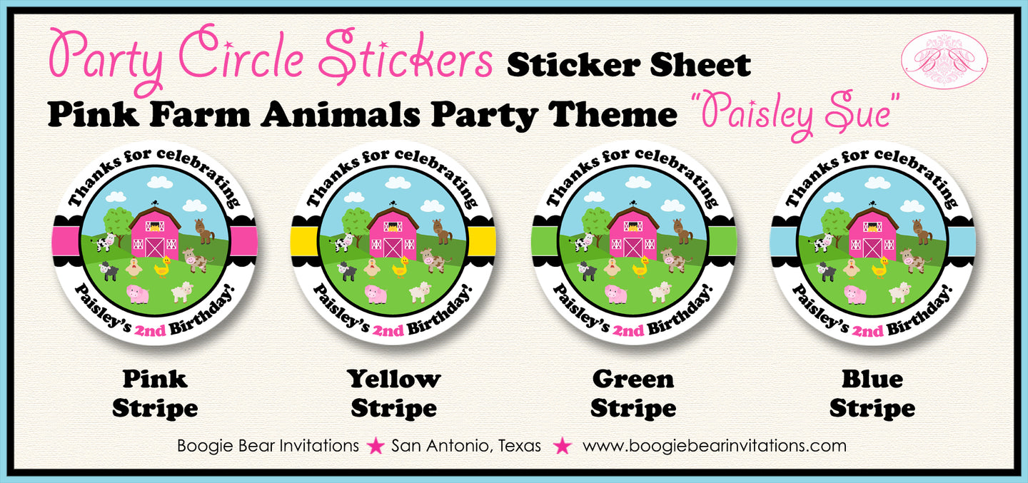 Pink Farm Animals Birthday Party Stickers Circle Sheet Girl Barn Country Petting Zoo Boogie Bear Invitations Paisley Sue Theme