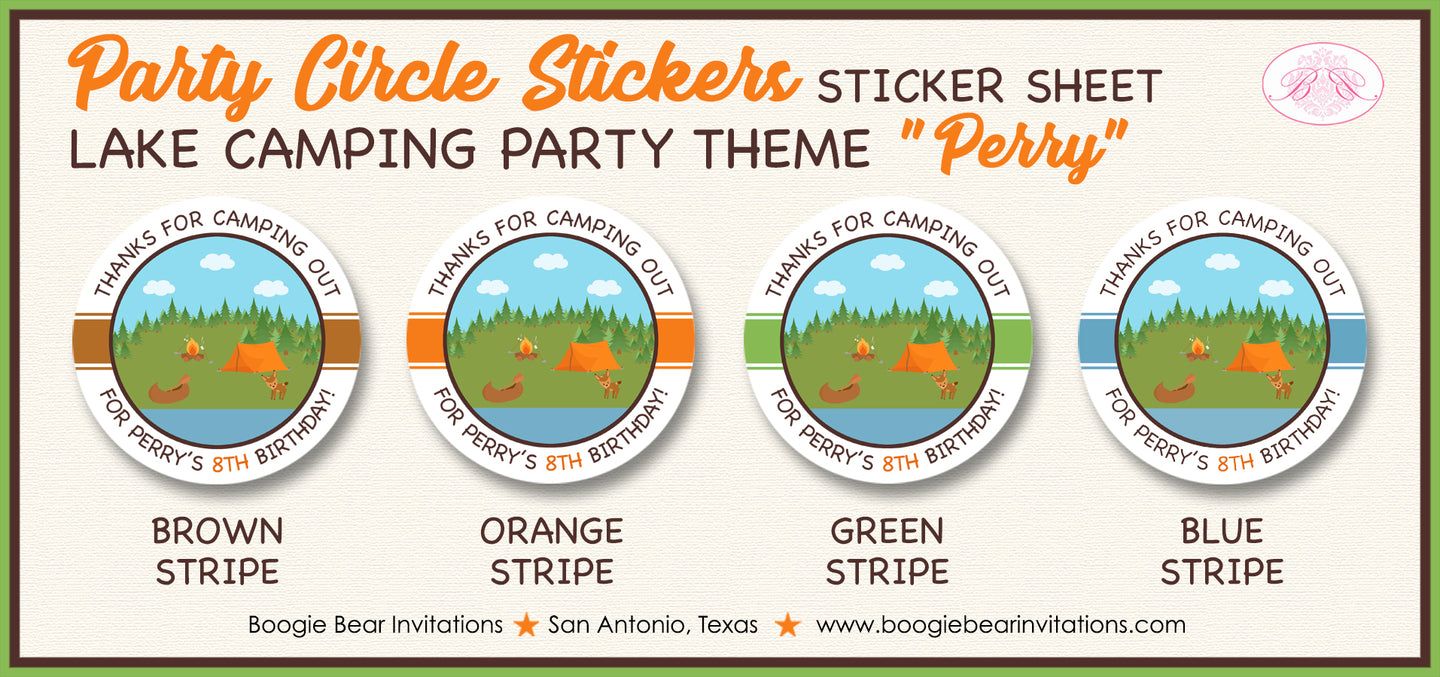 Camping Lake Forest Party Circle Stickers Birthday Camp Trees Boogie Bear Invitations Perry Theme