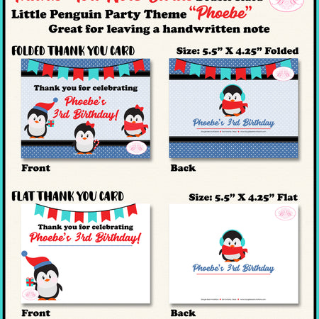 Winter Penguin Birthday Party Thank You Card Little Christmas Boogie Bear Invitations Phoebe Theme Printed
