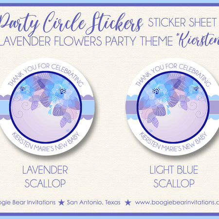 Lavender Flowers Party Stickers Circle Baby Shower Boogie Bear Invitations Kiersten Theme