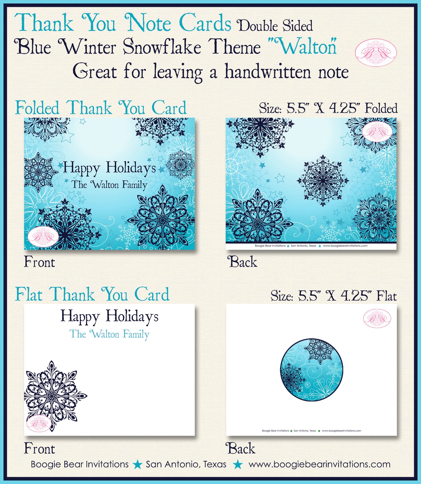 Snowflake Winter Party Thank You Cards Flat Folded Note Christmas Aqua Blue Ombre Snow Navy Boogie Bear Invitations Walton Theme Printed