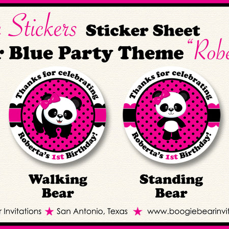 Pink Panda Bear Birthday Party Circle Stickers Sheet Round Girl Boogie Bear Invitations Roberta Theme
