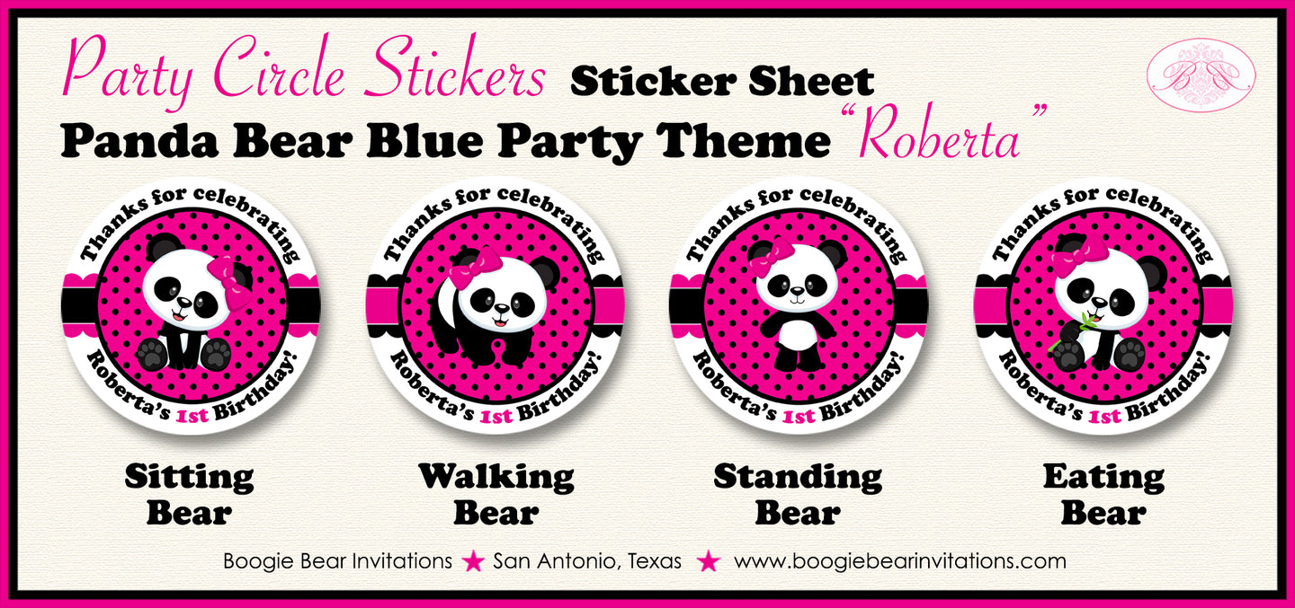 Pink Panda Bear Birthday Party Circle Stickers Sheet Round Girl Zoo Wild Animals Black Boogie Bear Invitations Roberta Theme