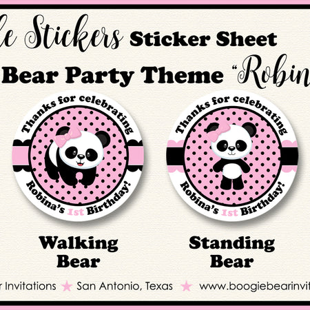 Pink Panda Bear Birthday Party Circle Stickers Sheet Round Girl Zoo Wild Animals Black Boogie Bear Invitations Robina Theme