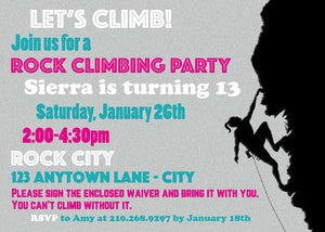 Pink Girl Rock Climbing Party Invitation Birthday Teal Indoor Climb Wall Bouldering Spelunking oogie Bear Invitations Sierra Theme Printed