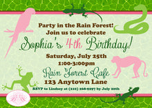 Load image into Gallery viewer, Pink Rain Forest Birthday Party Invitation Girl Wild Zoo Amazon Jungle Tree Boogie Bear Invitations Sophia Theme Paperless Printable Printed