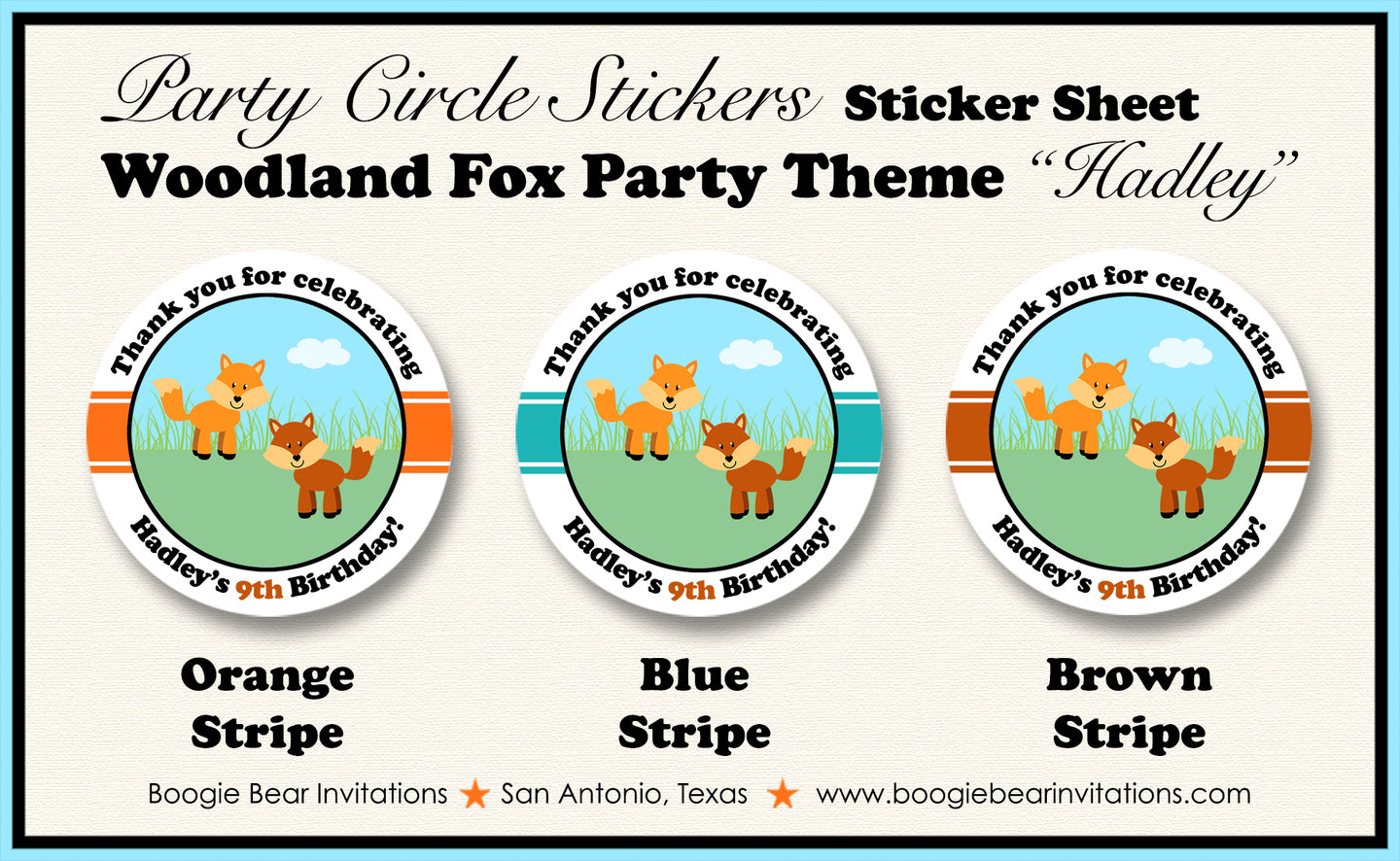 Woodland Fox Birthday Party Stickers Circle Sheet Round Forest Animals Creatures Boy Girl Garden Picnic Boogie Bear Invitations Hadley Theme