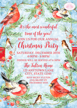 Load image into Gallery viewer, Red Cardinal Bird Christmas Party Invitation Green Winter Holiday Cheer 1st Boogie Bear Invitations Fulton Theme Paperless Printable Printed