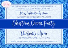 Load image into Gallery viewer, Blue Christmas Dinner Party Invitation Damask Dinner Birthday Baby Jesus Boogie Bear Invitations Overton Theme Paperless Printable Printed