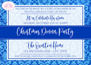 Blue Christmas Dinner Party Invitation Damask Dinner Birthday Baby Jesus Boogie Bear Invitations Overton Theme Paperless Printable Printed