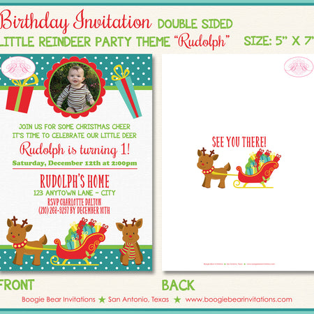 Christmas Reindeer Birthday Party Invitation Photo Santa Sleigh Boogie Bear Invitations Rudolph Theme Paperless Printable Printed