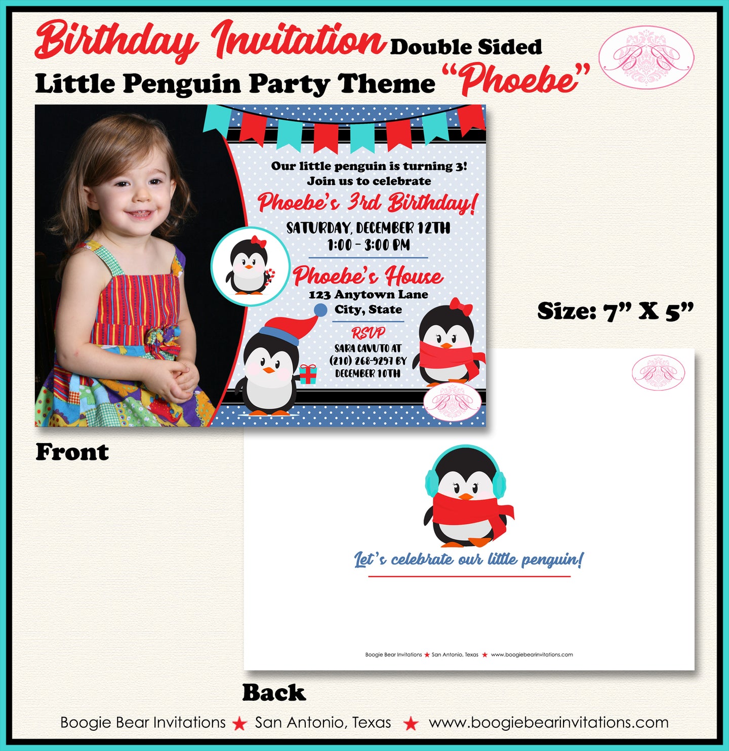 Winter Penguin Birthday Party Invitation Photo Little Christmas Boogie Bear Invitations Phoebe Theme Paperless Printable Printed