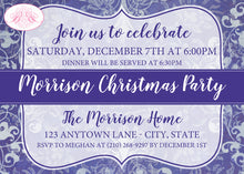 Load image into Gallery viewer, Christmas Violet Damask Party Invitation Winter White Blue Holiday Purple Boogie Bear Invitations Morrison Theme Paperless Printable Printed