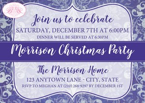 Christmas Violet Damask Party Invitation Winter White Blue Holiday Purple Boogie Bear Invitations Morrison Theme Paperless Printable Printed