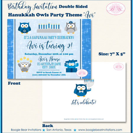 Hanukkah Owl Birthday Party Invitation Blue Boogie Bear Invitations Paperless Printable Printed Avi Theme