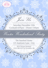 Load image into Gallery viewer, Snowflake Winter Party Invitation Elegant Christmas Grey Blue Wonderland Boogie Bear Invitations Stanford Theme Paperless Printable Printed