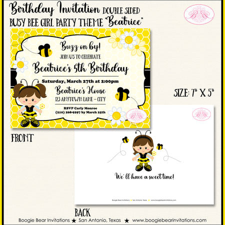 Busy Bee Girl Birthday Party Invitation Little Boogie Bear Invitations Beatrice Theme Paperless Printable Printed