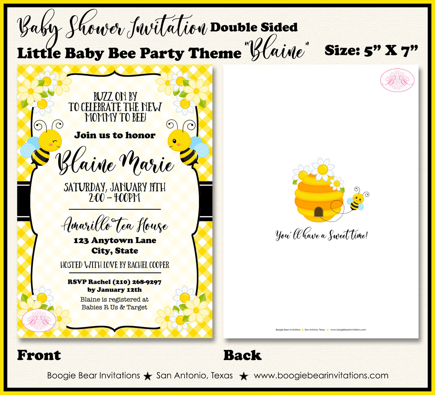 Little Bee Baby Shower Party Invitation Honey Boogie Bear Invitations Blaine Theme Paperless Printable Printed