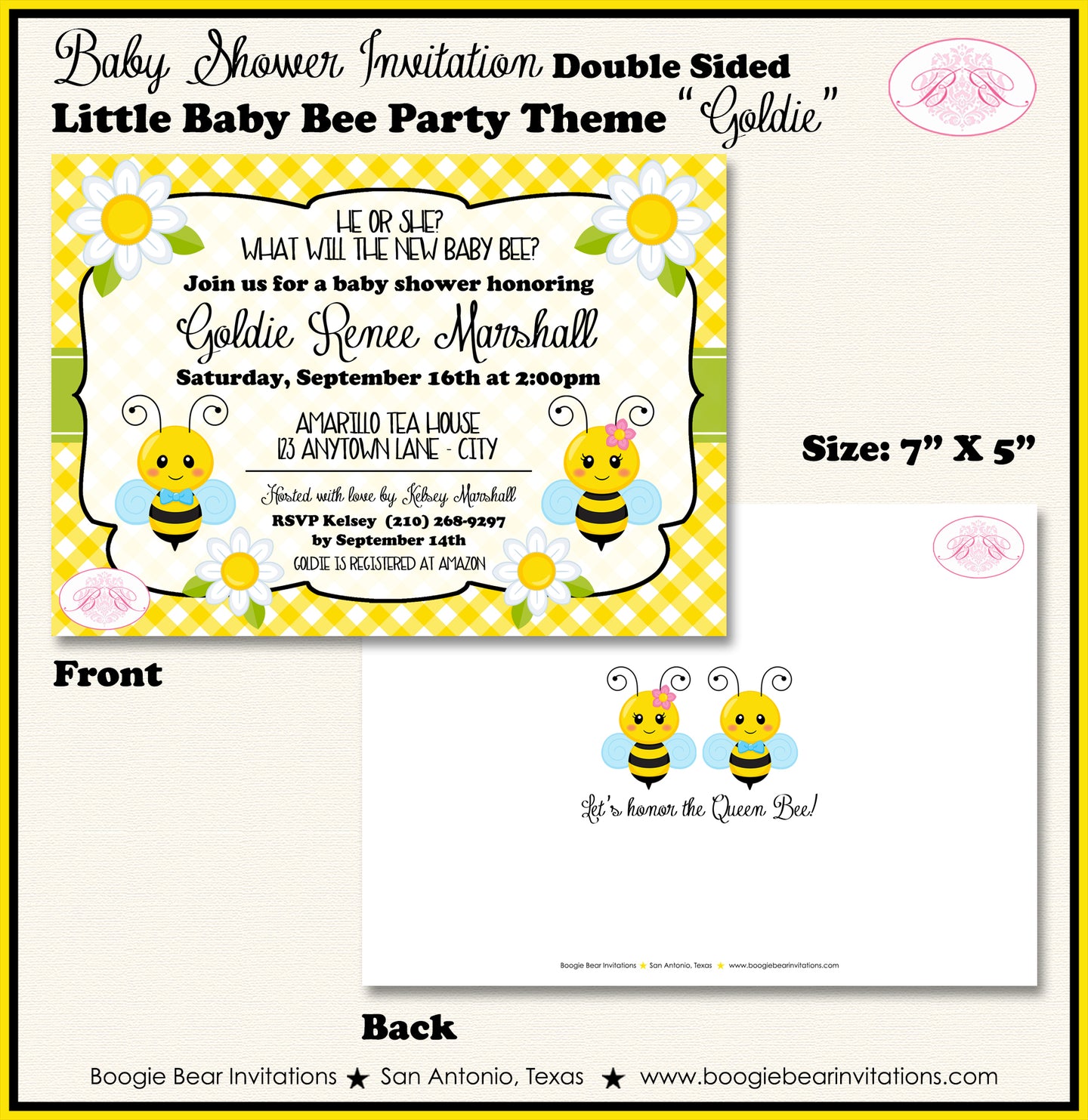 Bee Baby Shower Reveal Party Invitation Little Boy Girl Boogie Bear Invitations Goldie Theme Paperless Printable Printed