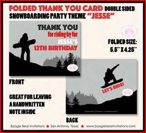 Snowboarding Birthday Party Thank You Card Red Snowboard Boogie Bear Invitations Jesse Theme Printed