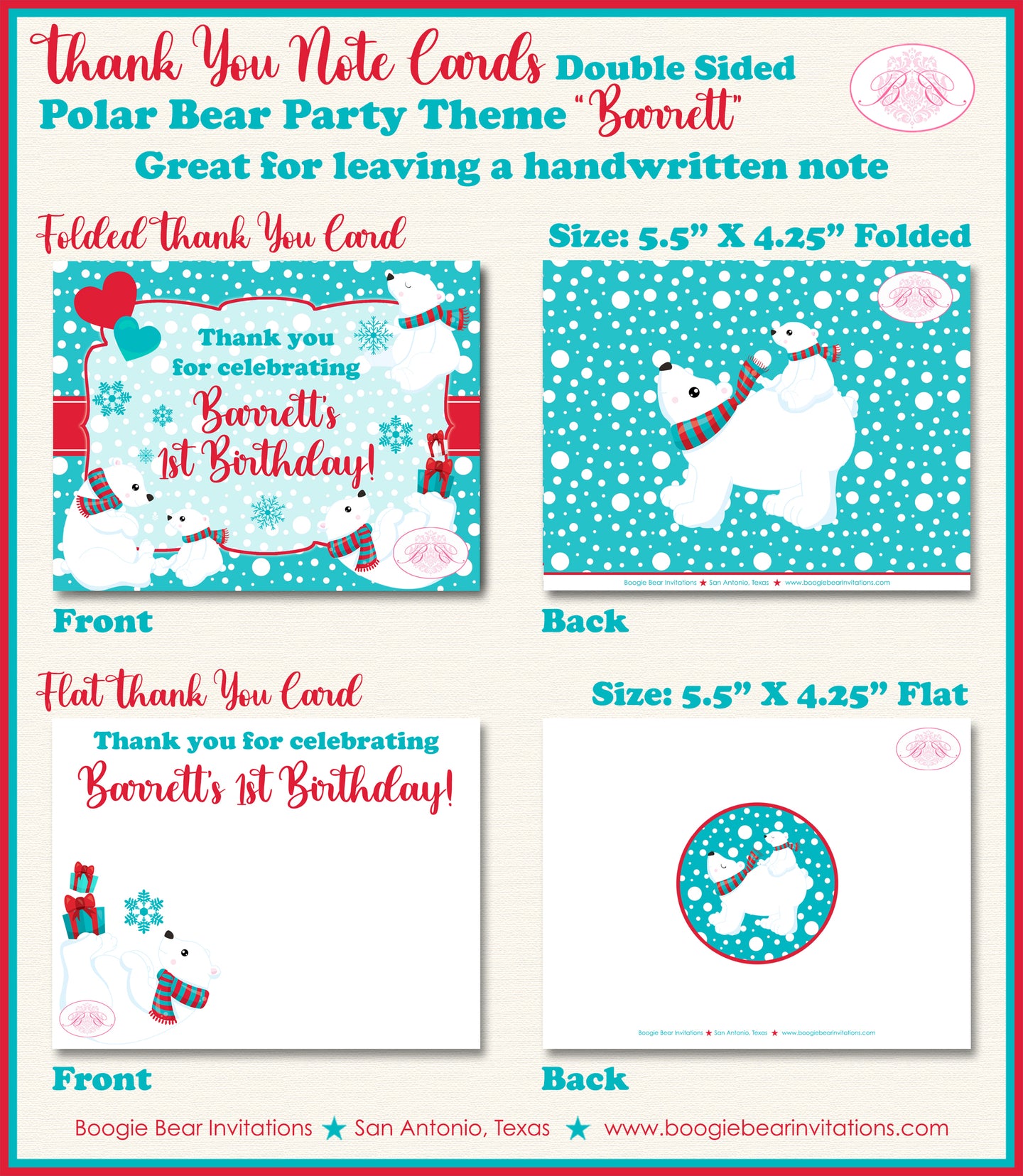 Polar Bear Party Thank You Cards Birthday Winter Christmas Boogie Bear Invitations Barrett Theme Printed