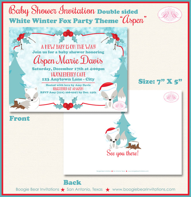 Woodland Winter Fox Baby Shower Invitation White Red Boogie Bear Invitations Aspen Theme Paperless Printable Printed