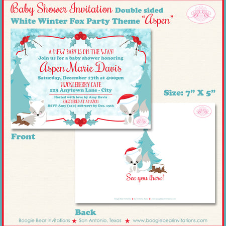 Woodland Winter Fox Baby Shower Invitation White Red Boogie Bear Invitations Aspen Theme Paperless Printable Printed