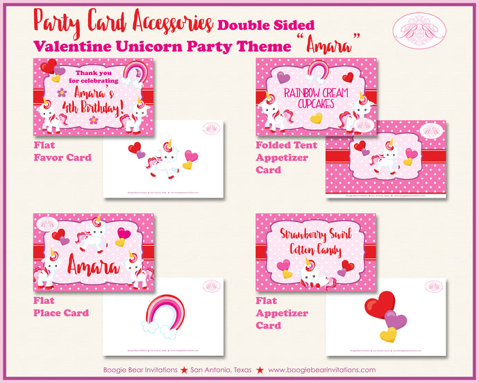 Valentine Unicorn Birthday Party Favor Card Appetizer Food Folded Tent Pink Boogie Bear Invitations Amara Theme Printed