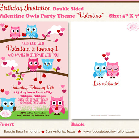 Valentine Owls Birthday Party Invitation Heart Boogie Bear Valentina Theme Paperless Printable Printed