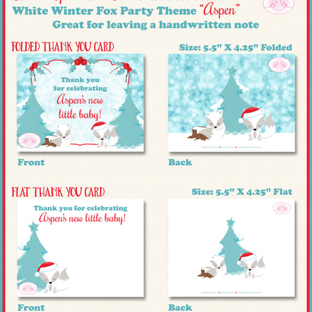 Woodland Winter Fox Thank You Card Baby Shower Party Red White Boogie Bear Invitations Aspen Theme Printed