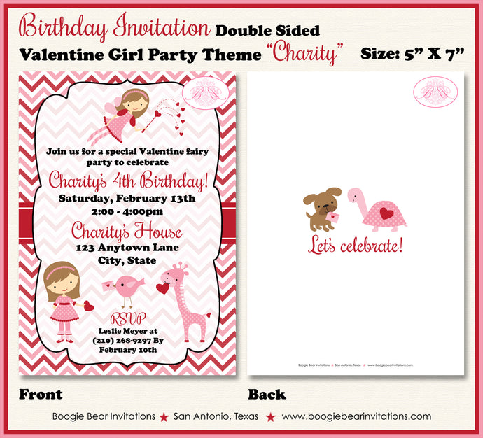 Valentine Girl Fairy Birthday Party Invitation Heart Boogie Bear Invitations Paperless Printable Printed Charity Theme