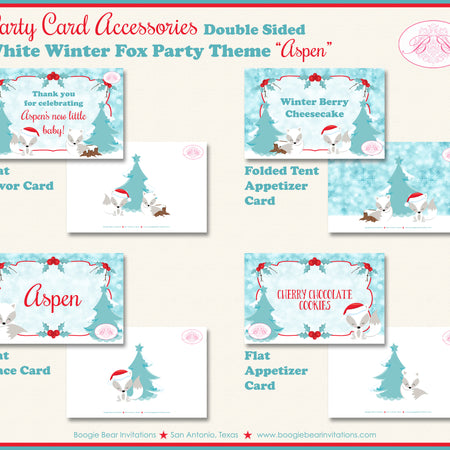 Woodland Winter Fox Party Favor Card Tent Place Food Baby Shower White Red Boogie Bear Invitations Aspen Theme