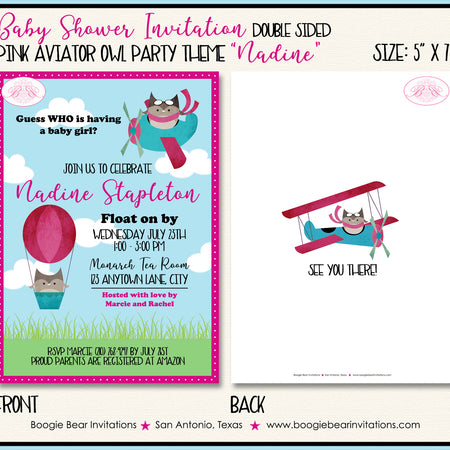 Pink Aviator Owl Baby Shower Invitation Airplane Boogie Bear Invitations Nadine Theme Paperless Printable Printed