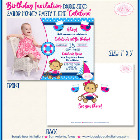 Sailor Monkey Girl Birthday Photo Party Invitation Pink Boogie Bear Invitations Catalina Theme Paperless Printable Printed