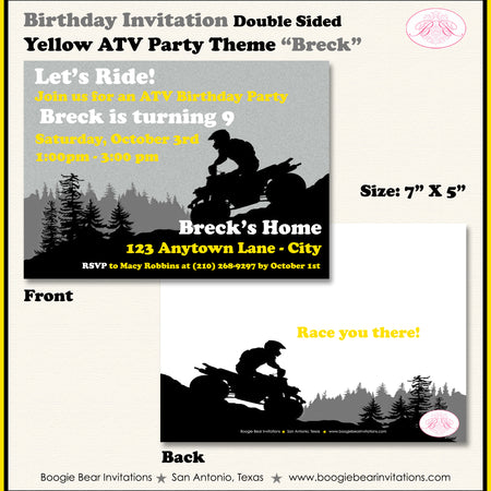 Yellow ATV Birthday Party Invitation Quad 4 Wheeler Boogie Bear Invitations Breck Theme Printed