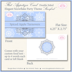 Snowflake Christmas Party Favor Card Tent Appetizer Place Food Elegant Holiday Winter Grey Blue White Boogie Bear Invitations Stanford Theme