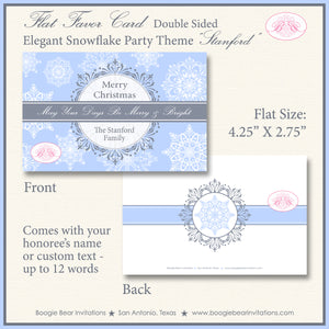 Snowflake Christmas Party Favor Card Tent Appetizer Place Food Elegant Holiday Winter Grey Blue White Boogie Bear Invitations Stanford Theme