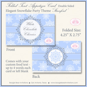 Snowflake Christmas Party Favor Card Tent Appetizer Place Food Elegant Holiday Winter Grey Blue White Boogie Bear Invitations Stanford Theme