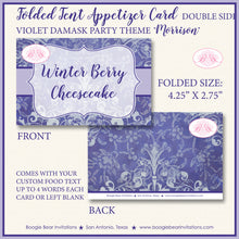 Load image into Gallery viewer, Christmas Violet Damask Party Favor Card Tent Appetizer Place Food Winter White Blue Holiday Purple Boogie Bear Invitations Morrison Theme