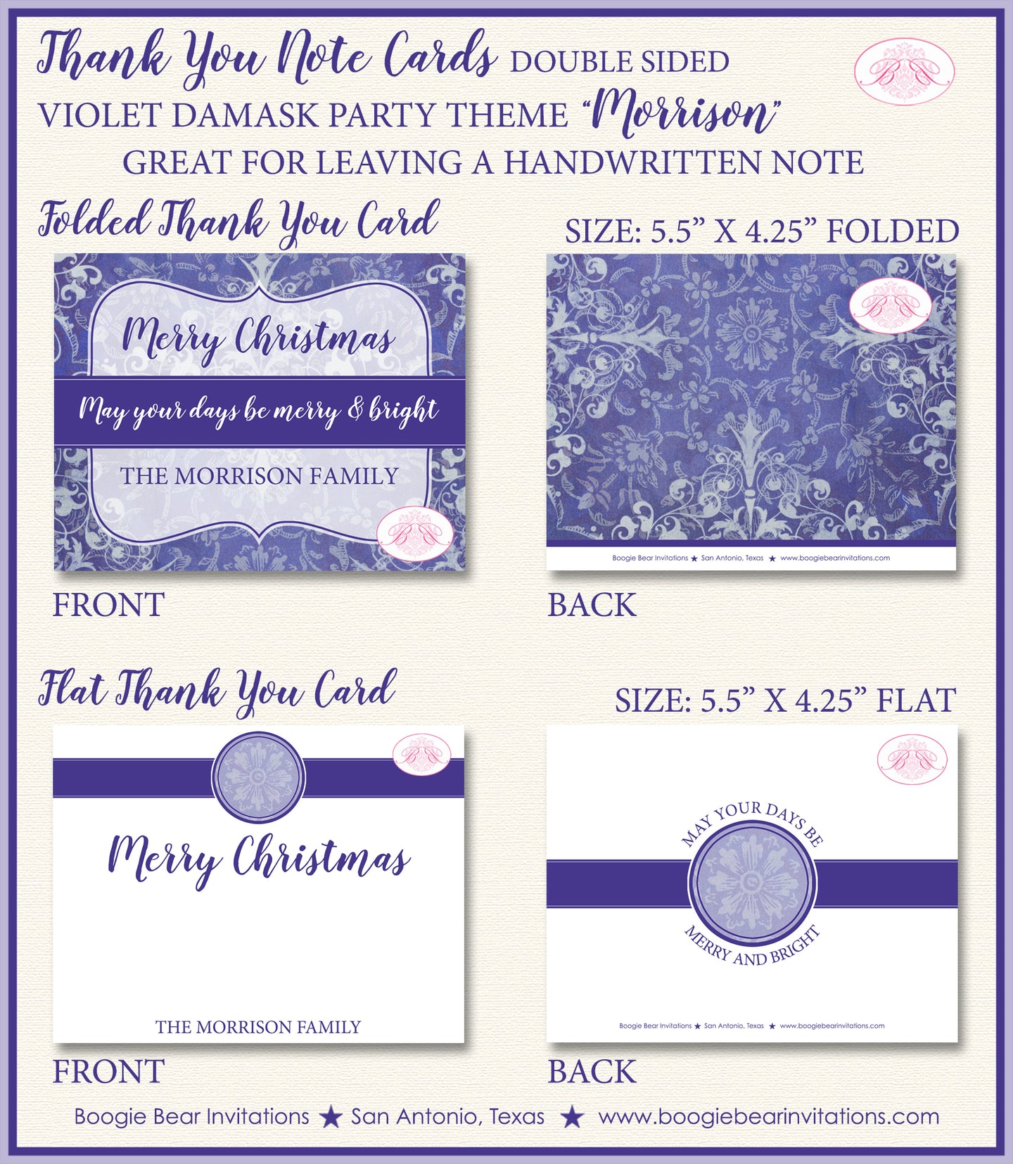 Christmas Violet Damask Party Thank You Cards Flat Folded Note Winter White Holiday Purple Boogie Bear Invitations Morrison Theme Printed