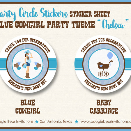Blue Cowgirl Baby Shower Party Stickers Boy Cowboy Boogie Bear Invitations Chelsea Theme